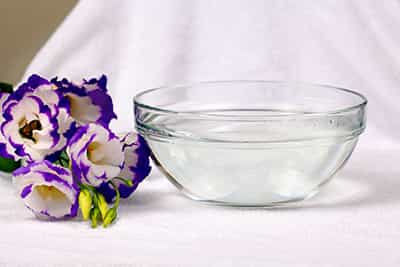 bowl of water on white towl with eustoma flower